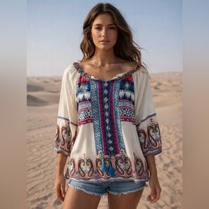 Boho Cream/Multicolor Tunic, Pattern/Paisley, V-Neck, Aztec Geometric Ali Miles